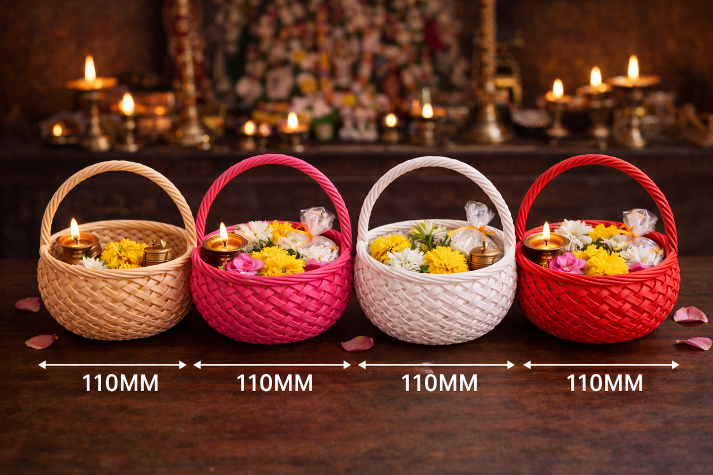 Four woven baskets with candles and flowers, each 110mm in diameter, on a dark background.