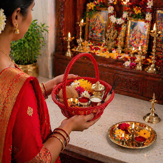 Woman in traditional attire holding a red basket with offerings in a temple setting.