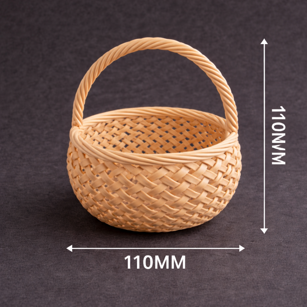 Woven basket with dimensions on a dark background
