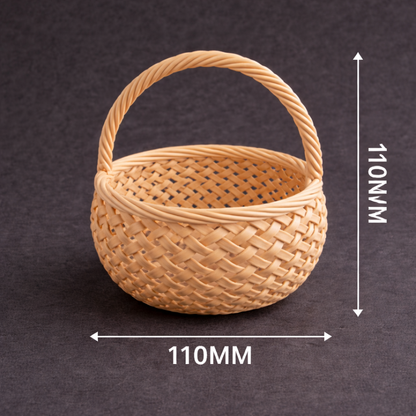 Woven basket with dimensions on a dark background
