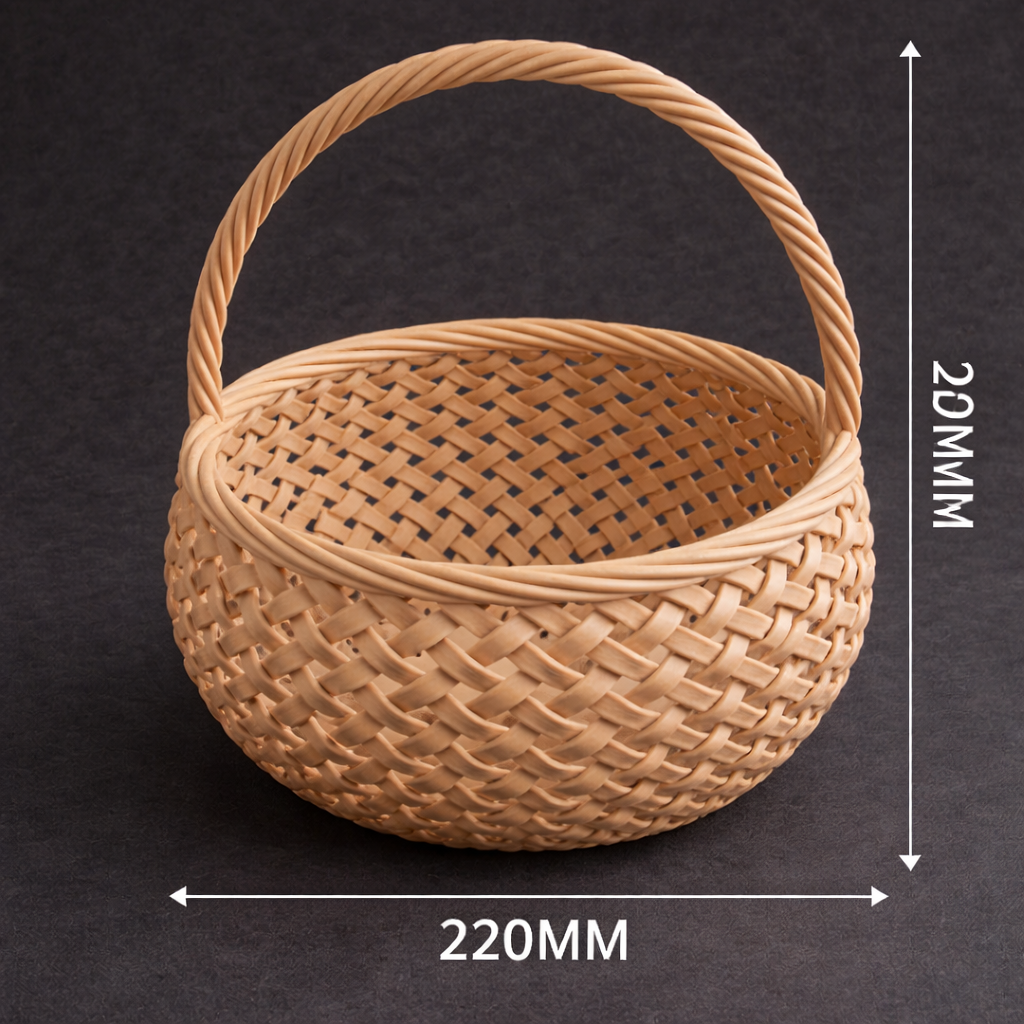 Woven basket with dimensions on a dark background
