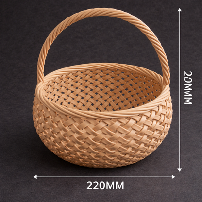 Woven basket with dimensions on a dark background