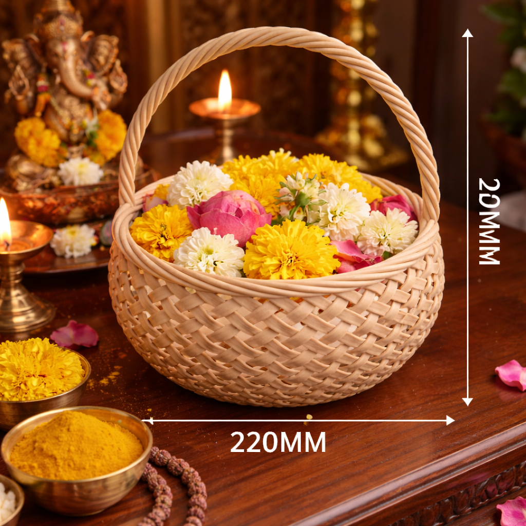 Wicker basket with flowers on a wooden table, surrounded by decorative items.