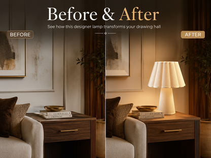 Before and after comparison in a cozy drawing hall, showing a designer table lamp on a wooden side table next to a light-colored armchair. The left side is dim and shadowy, while the right side is warmly illuminated by the lamp, highlighting its effect on the room.