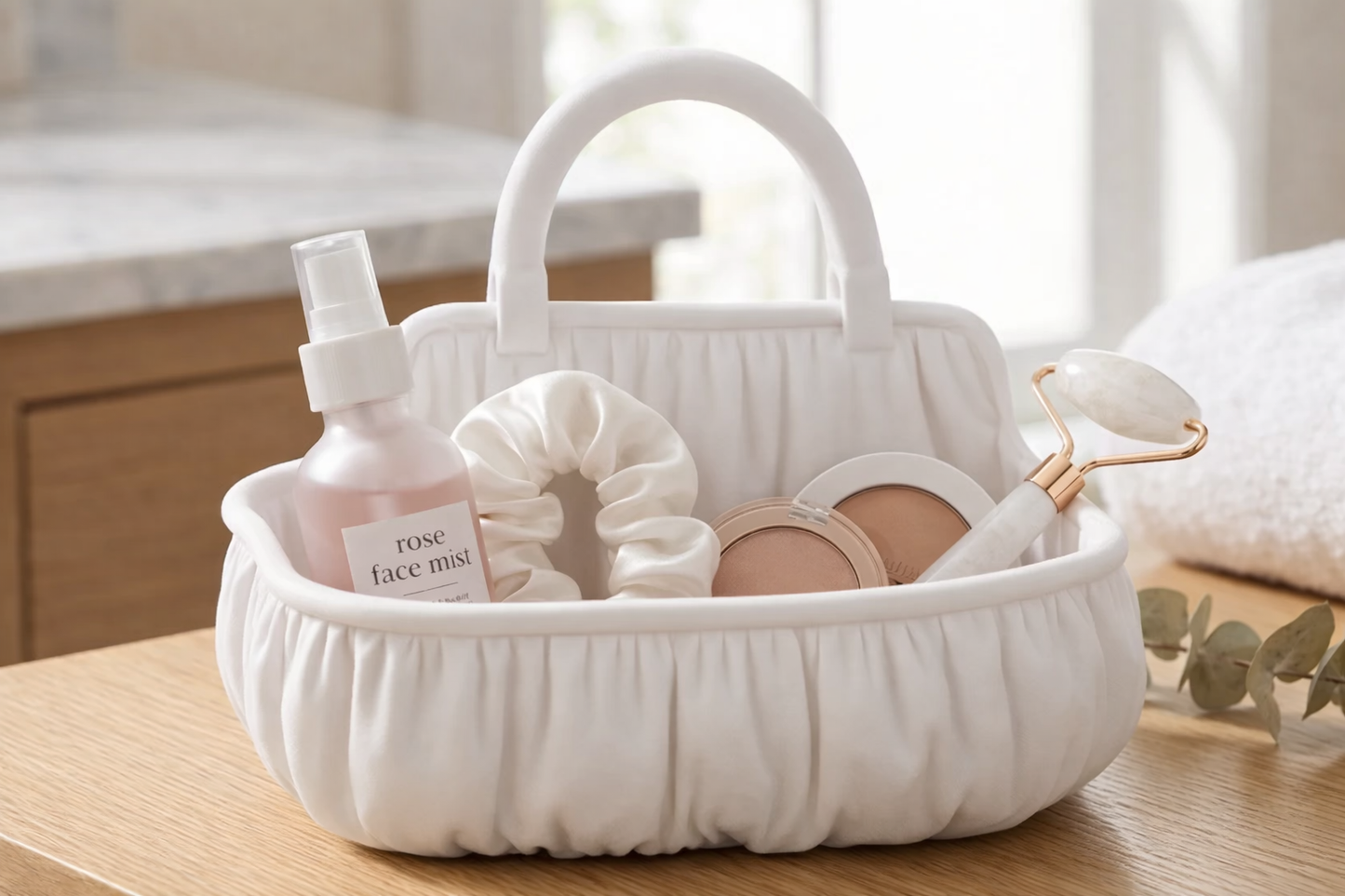 White basket with skincare products on a wooden surface