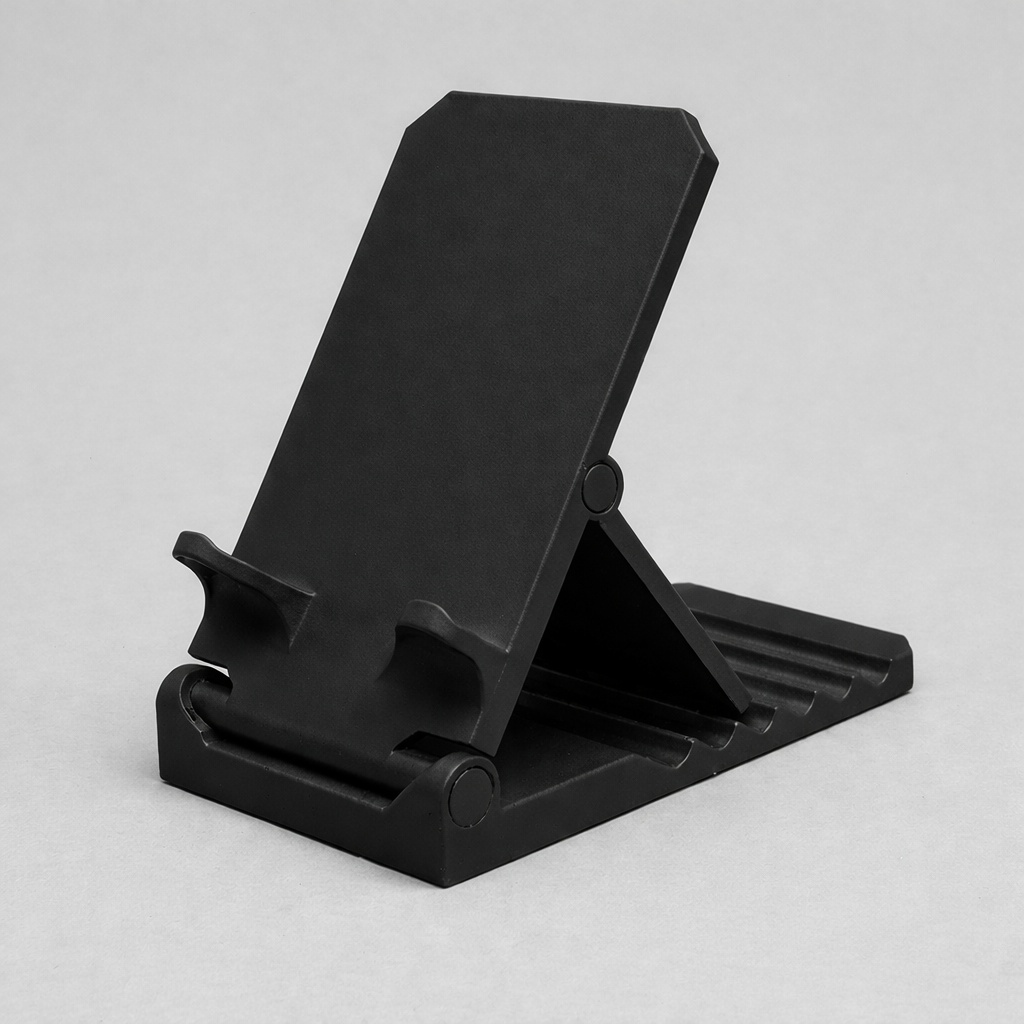 Black adjustable phone stand on a light gray background