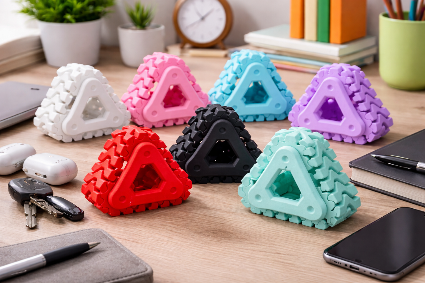 Colorful triangular stress balls on a desk with office supplies.