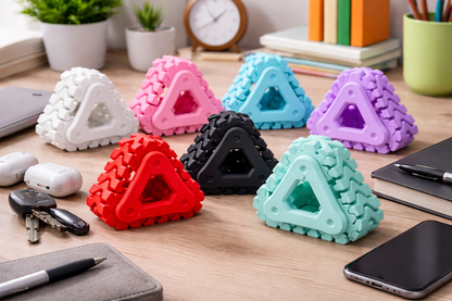 Colorful triangular stress balls on a desk with office supplies.