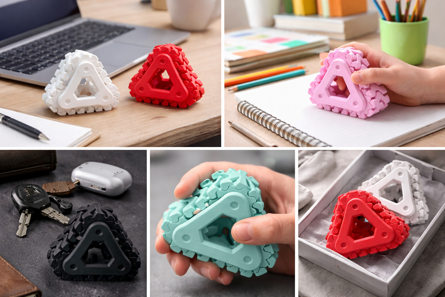 Collage of triangle-shaped stress relievers in various colors on a desk with office supplies.