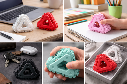 Collage of triangle-shaped stress relievers in various colors on a desk with office supplies.