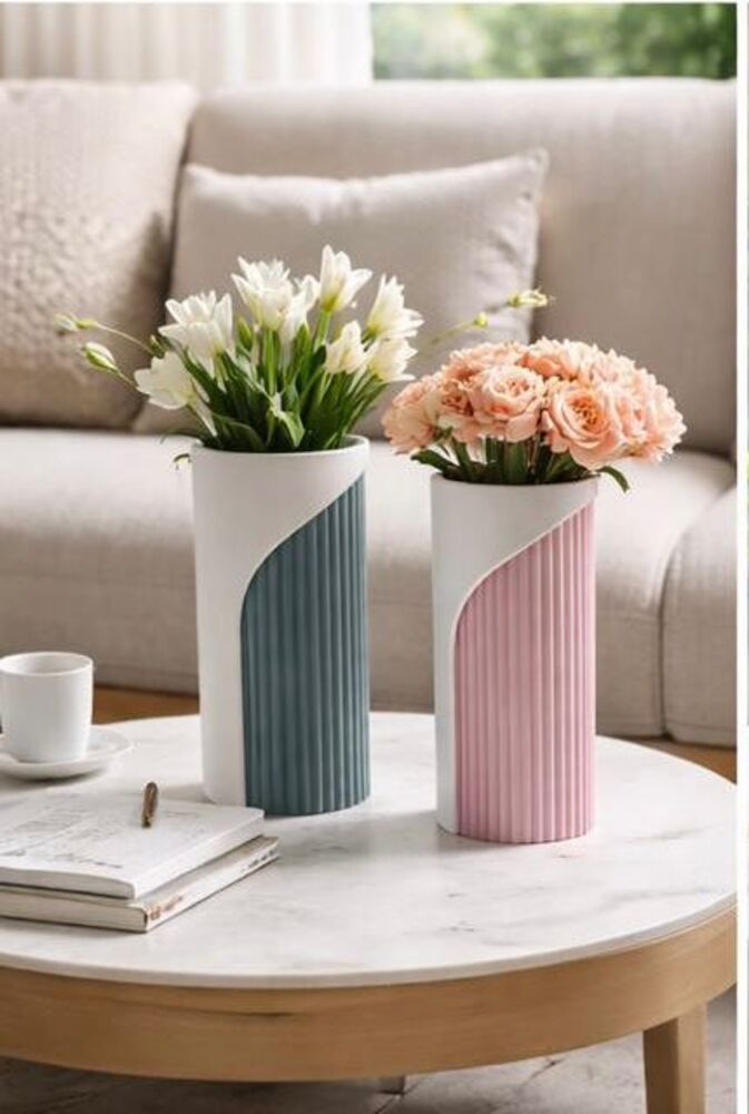 Two tone ribbed decorative vase set of 2 for modern home decor. Elegant minimalist design perfect for table styling, flower display and living room decoration.