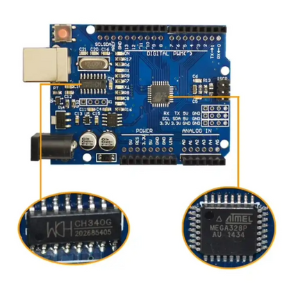 Arduino UNO Electronic circuit board with close-up insets of chips on a white background