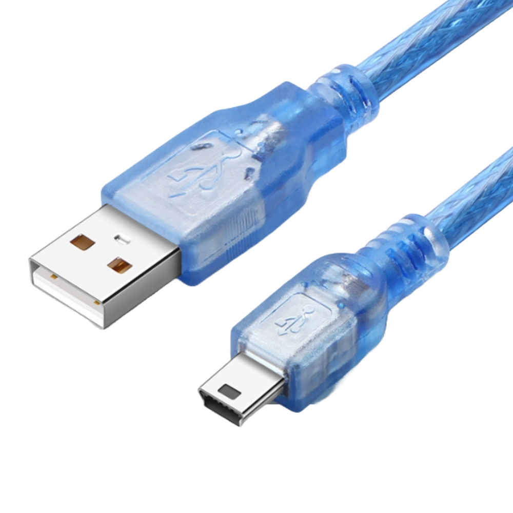 Blue USB cable with one end being a standard USB connector and the other being a micro USB connector on a white background.