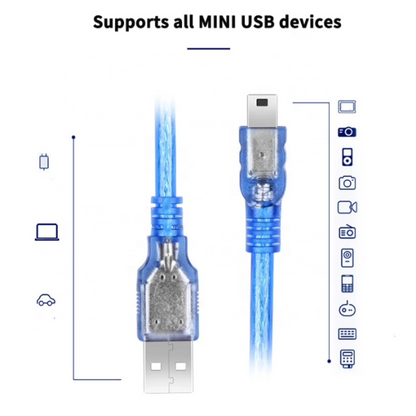 Blue USB cable with connectors on a white background, labeled 'Supports all MINI USB devices'.