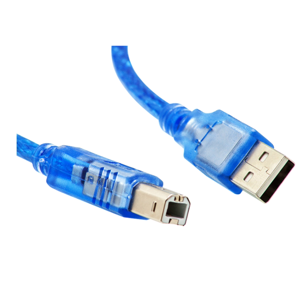 USB A to USB B cable used for powering and programming Arduino boards, printers, CNC controllers, and USB-enabled electronics devices