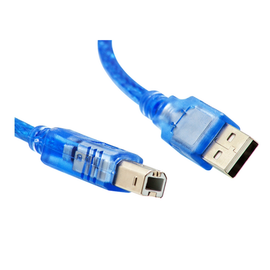 USB A to USB B cable used for powering and programming Arduino boards, printers, CNC controllers, and USB-enabled electronics devices