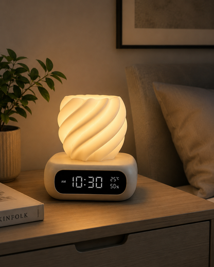 A modern digital alarm clock and night light sits on a wooden bedside table in a cozy bedroom setting. The clock has a rounded cream-colored body with a black display screen showing the time as 10:30.