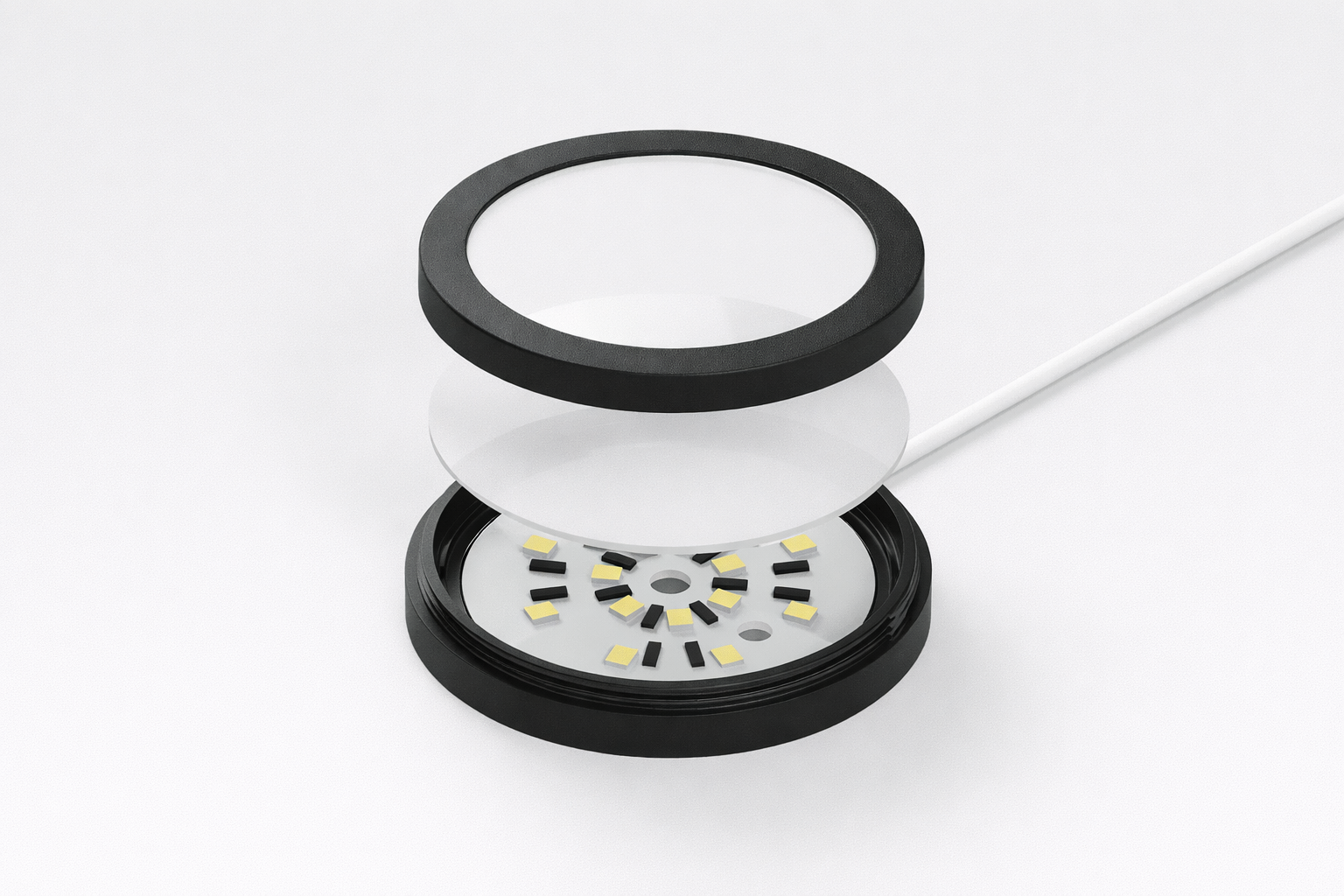 Close-up of a cylindrical electronic component with LED lights on a white background
