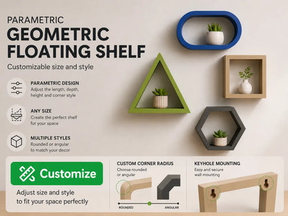 Promotional graphic for parametric geometric floating shelves, showing several shelf styles in blue, green, beige, and dark gray with small potted plants. Text on the left explains customizable size and style, with icons for parametric design, any size, rounded corners, and multiple styles.