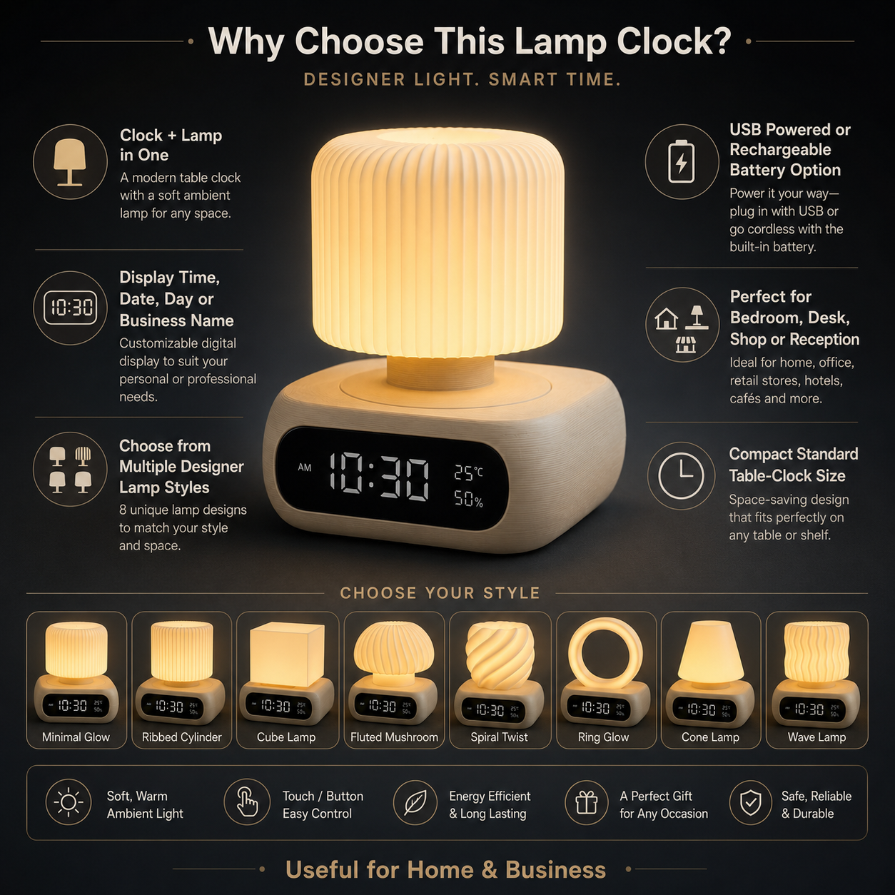 An infographic banner for a smart lamp clock, featuring a central glowing lamp with a digital display showing 11:30 and 25% battery. The top text reads 'Why Choose This Lamp Clock?' and the bottom includes various lamp style options and features on a dark background.