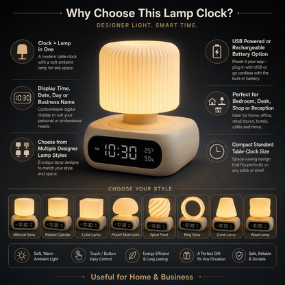 An infographic banner for a smart lamp clock, featuring a central glowing lamp with a digital display showing 11:30 and 25% battery. The top text reads 'Why Choose This Lamp Clock?' and the bottom includes various lamp style options and features on a dark background.