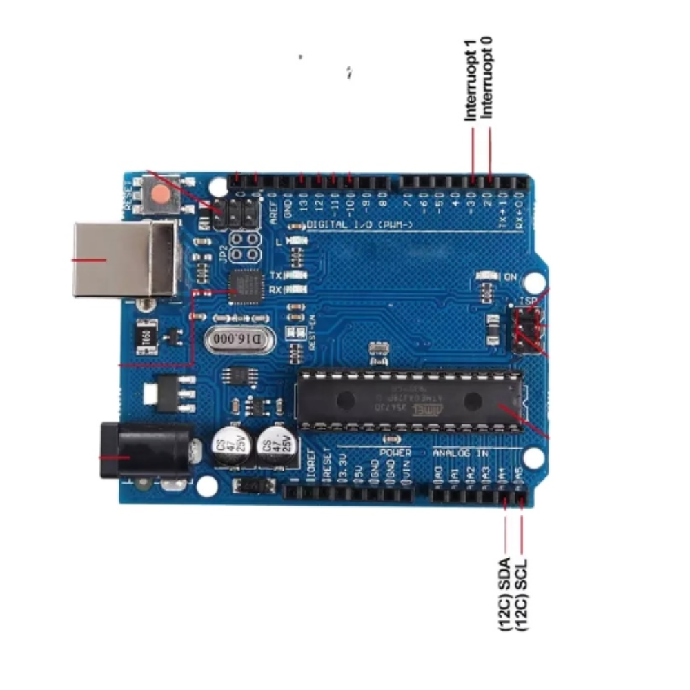 Arduino board with labeled connections on a white background