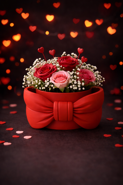 Bouquet of red and pink roses in a red pot with a bow on a dark background with heart shapes.