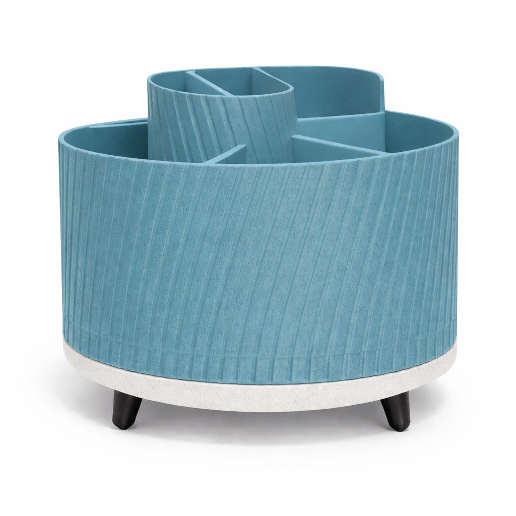 Blue cylindrical planter with multiple compartments on a white background