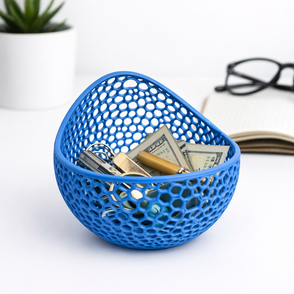 Blue mesh basket with keys and money on a white surface