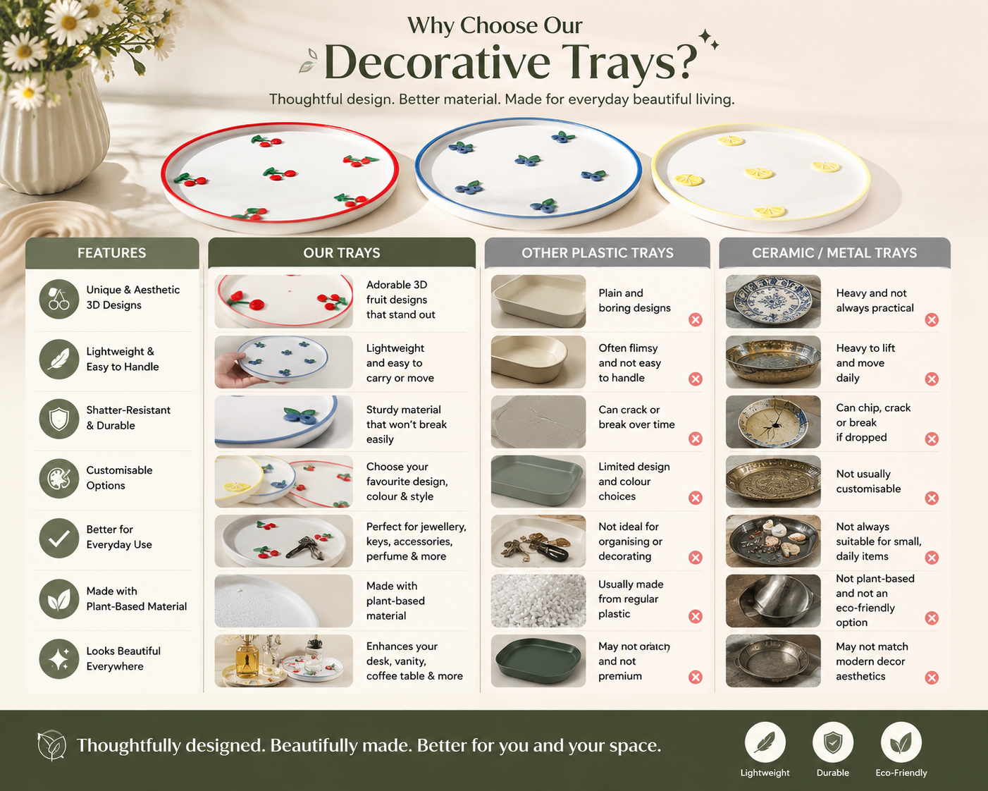 Why choose our decorative trays comparison infographic showing fruit motif trays versus regular plastic, ceramic and metal trays