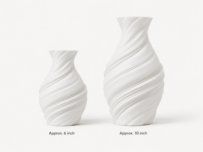 Two white spiral-patterned ceramic vases shown on a light gray background, labeled 'Approx. 6 inch' and 'Approx.