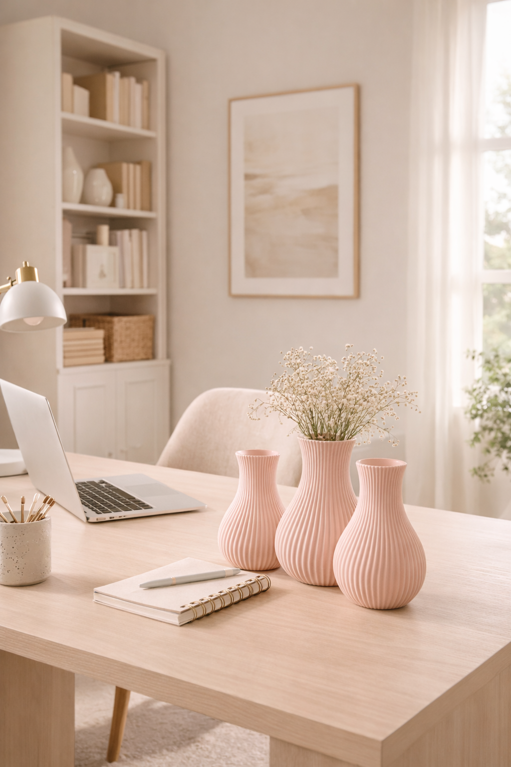 Light-colored office desk with pink vases, laptop, and decor items.