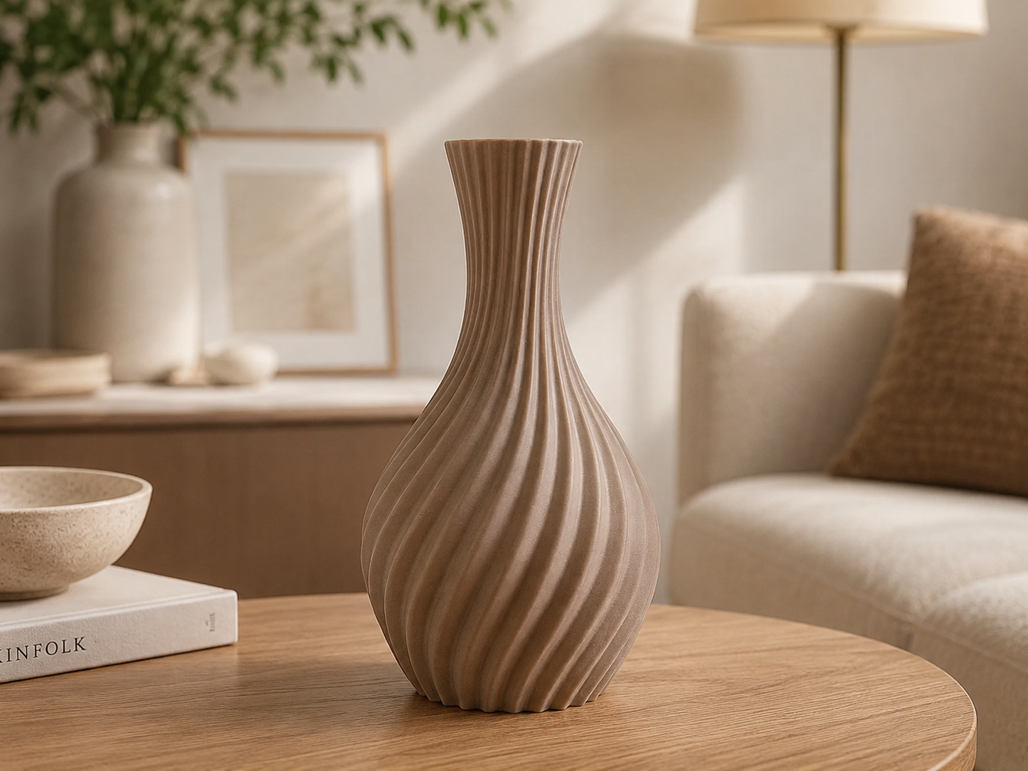 A ribbed ceramic vase in a warm taupe-beige color, standing on a round wooden coffee table in a cozy, sunlit living room.