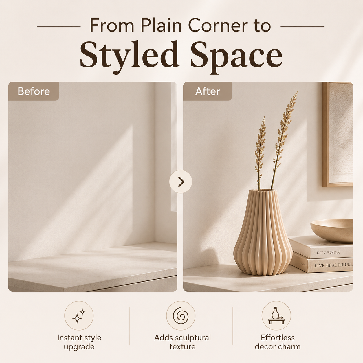 Promotional graphic showing a shelf styled in a minimalist room, labeled 'Before' and 'After'. The 'Before' side shows an empty shelf with soft shadows.