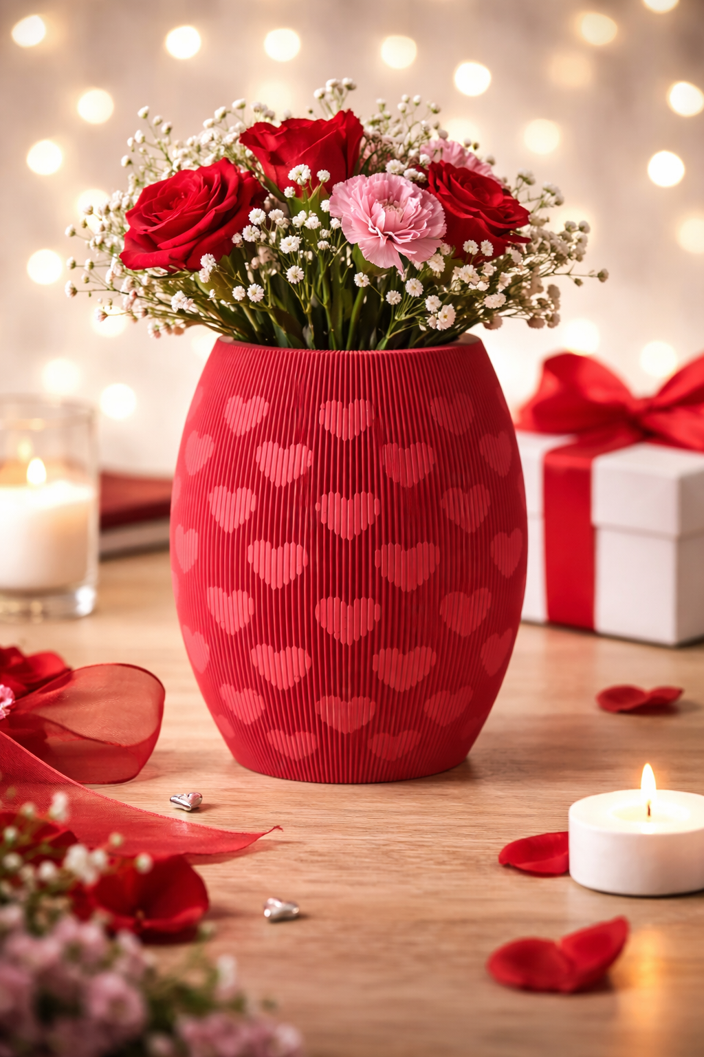 Red heart-patterned vase with flowers on a wooden surface with blurred lights in the background