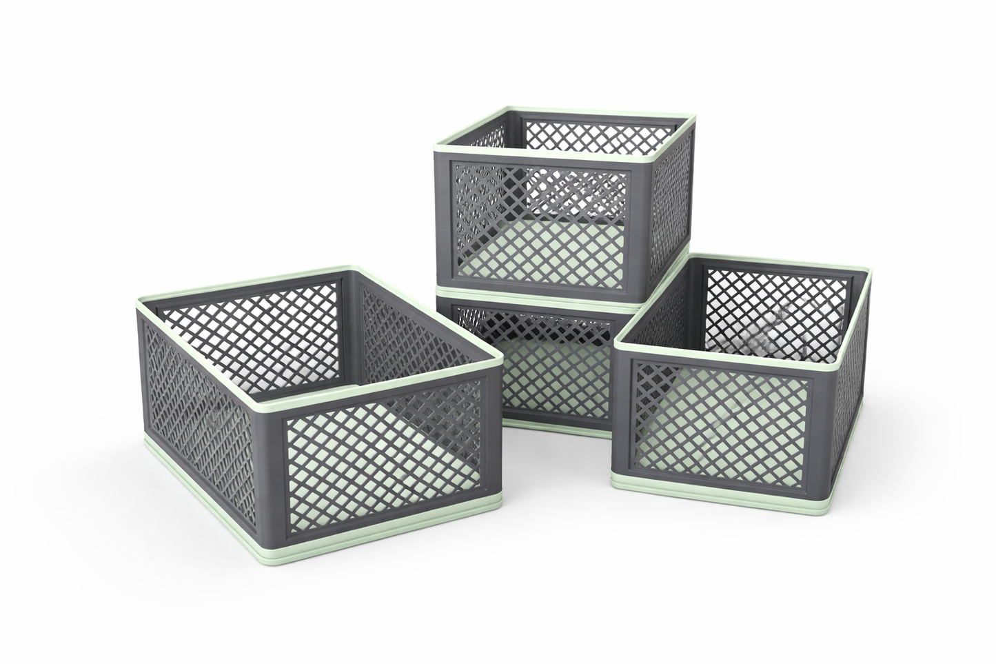 Set of three gray mesh storage baskets on a white background