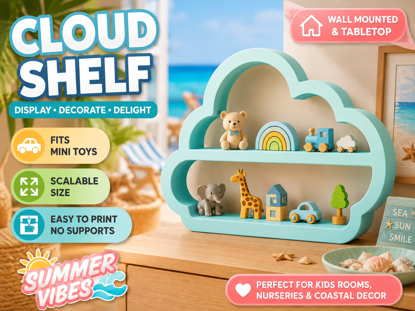 A turquoise cloud-shaped wall-mounted and tabletop shelf displayed in a beach-themed room setting, holding small wooden toys and accessories. The image includes promotional text overlays such as 'CLOUD SHELF', 'WALL MOUNTED & TABLETOP', and 'SUMMER VIBES'.