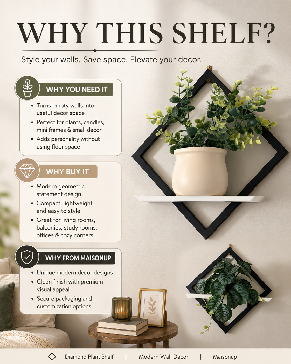 Wall-mounted diamond plant shelf with decorative elements on a neutral background