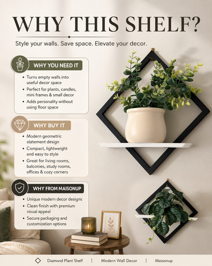 Wall-mounted diamond plant shelf with decorative elements on a neutral background