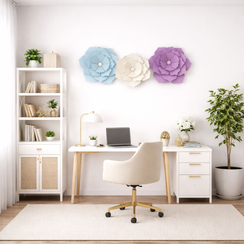 Home office with a desk, chair, and decorative wall flowers.