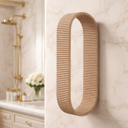 Beige wall mounted towel holder for bathroom with 3 roll organizer design on marble wall