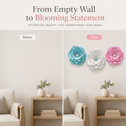 Before-and-after wall decor comparison showing a minimalist beige room with a light wood side table and chair, with the 'After' side featuring three large paper flower wall decorations in teal, white, and pink above the table.