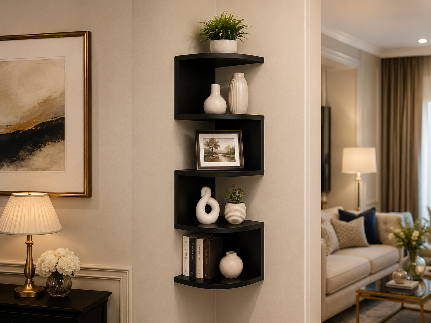 White floating corner shelf with zigzag design placed on a stylish green wall