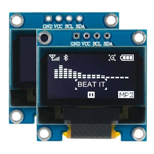 Small electronic display module with Bluetooth and MP3 icons on a blue background
