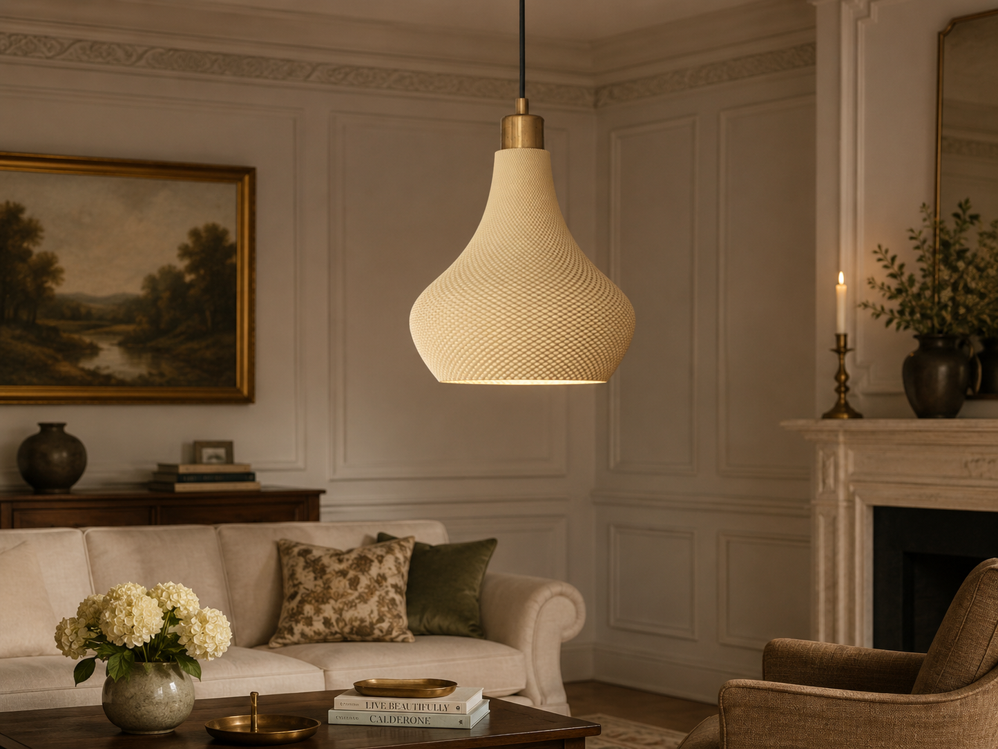 Living room with a hanging lamp, sofa, and fireplace.