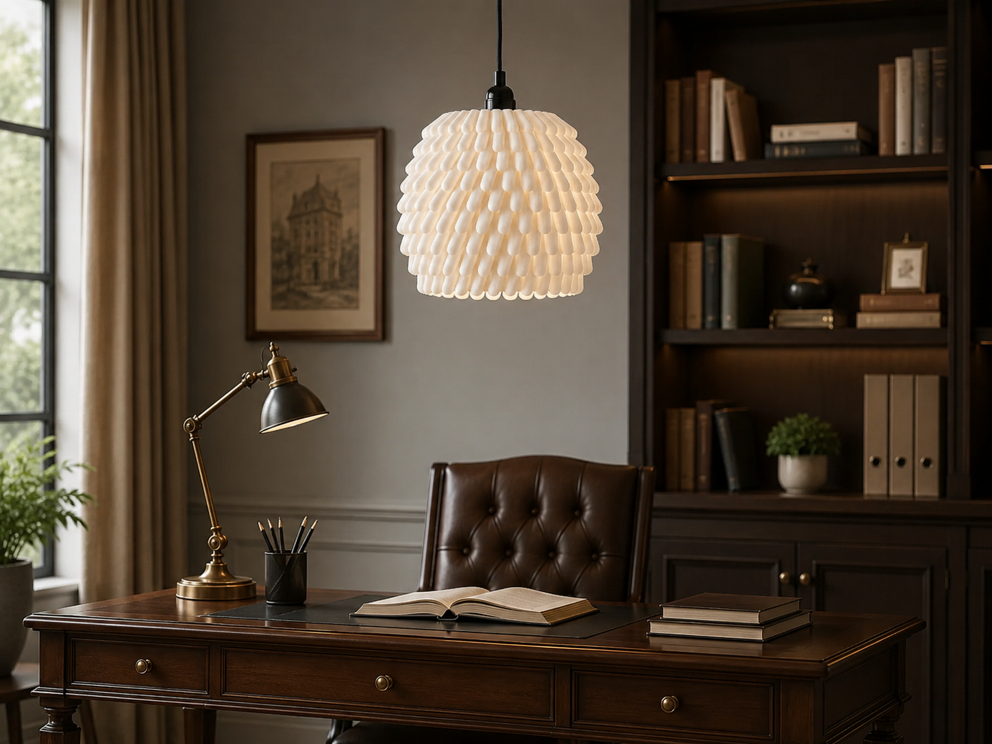 Cozy home office with wooden desk, lamp, and bookshelf.