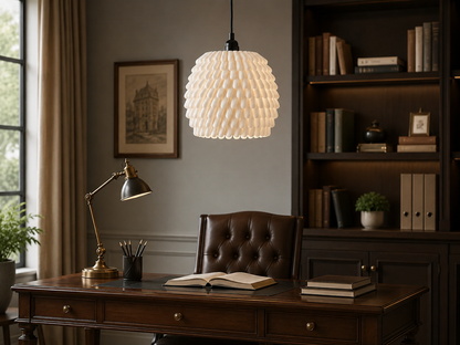 Cozy home office with wooden desk, lamp, and bookshelf.