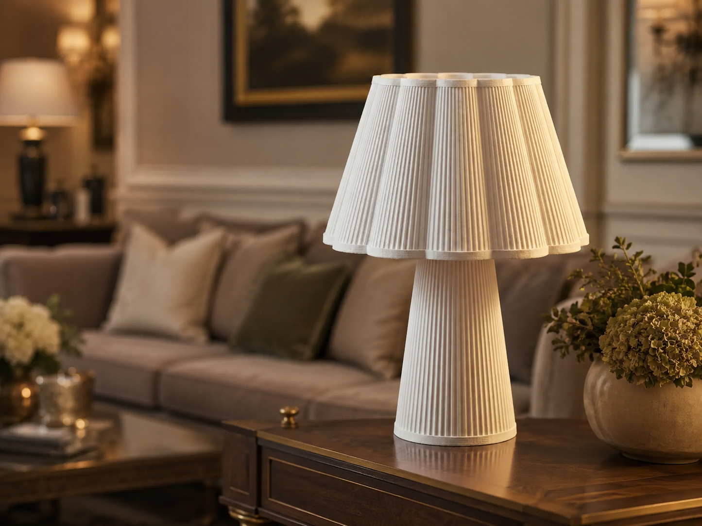 White ribbed table lamp placed on a wooden side table in a premium living room setting