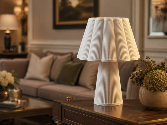 White ribbed table lamp placed on a wooden side table in a premium living room setting