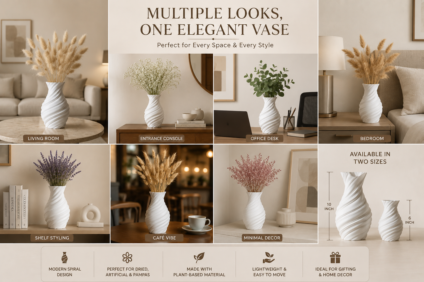 A promotional collage showing a white spiral-textured vase in multiple home decor settings, including living room, entrance console, office desk, and bedroom. The collage includes text such as 'Multiple Looks, One Elegant Vase,' 'Perfect for Every Space & Every Style,' and 'Available in Two Sizes,' along with feature callouts like modern minimal design, plant-based material, lightweight and easy to move, and ideal for gift or home decor.